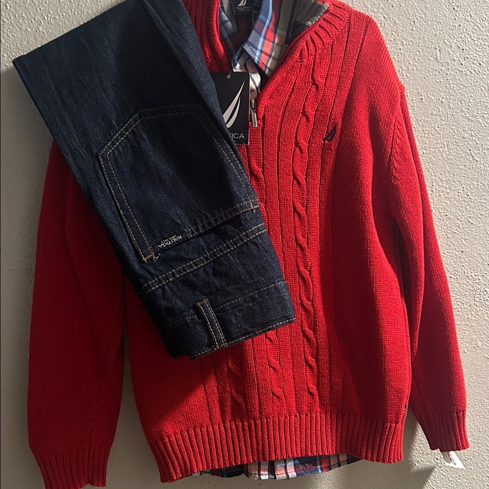 Nautica children’s Red Zip-Up Sweater, button up shirt and Jeans